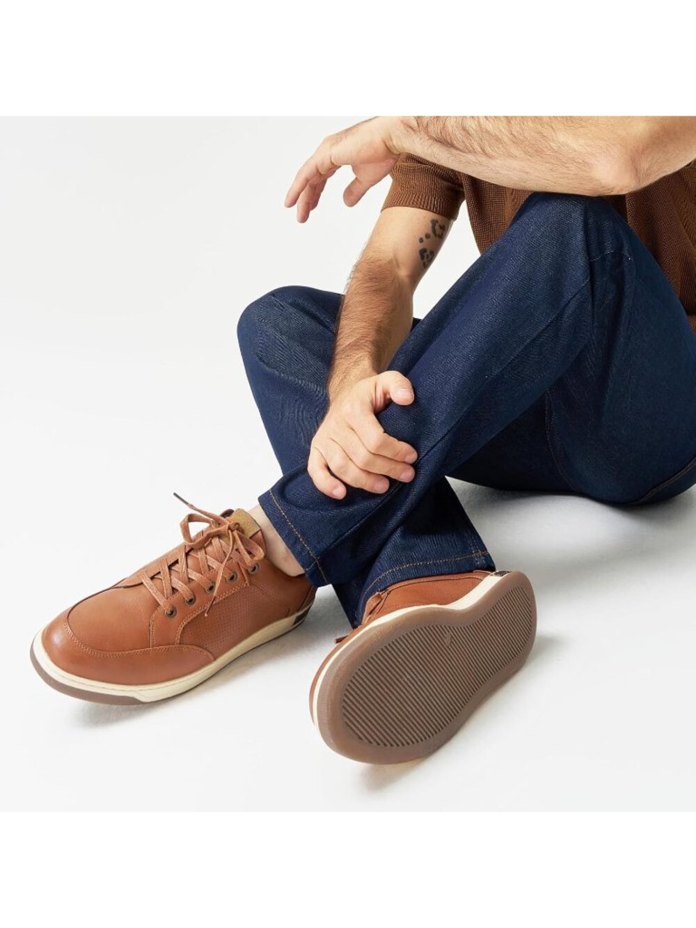 Men's Yellow Brown Coated Leather Comfortable Business Sneakers Casual Shoes - Picture 2 of 6